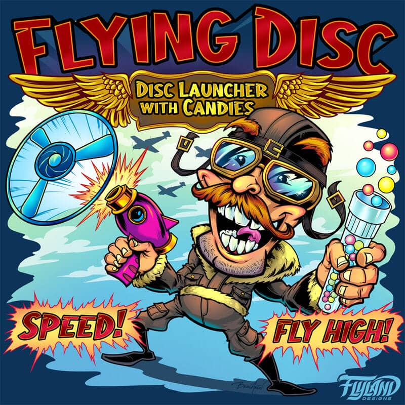 Lolliboni candy packaging design featuring an airplane pilot holding candy and playing with a disc launcher, drawn by artist Brian Allen