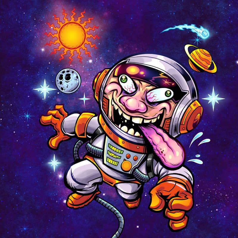 Lolliboni space theme candy packaging featuring an astronaut holding a candy roller, drawn by artist Brian Allen