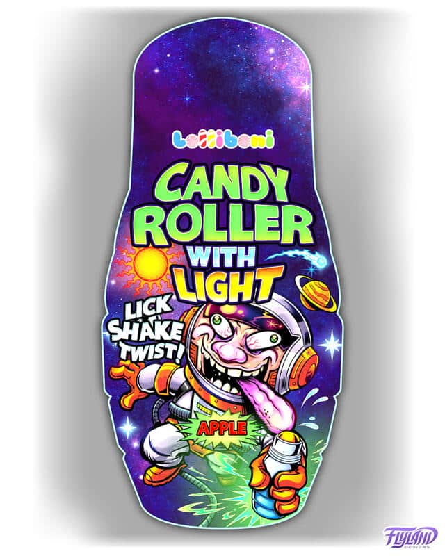Lolliboni space theme candy packaging featuring an astronaut holding a candy roller, drawn by artist Brian Allen
