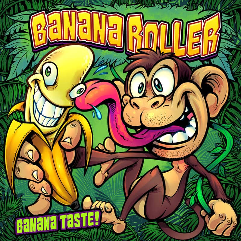 Lolliboni rainforest theme candy packaging featuring a monkey swinging on a vine and holding a banana, drawn by artist Brian Allen