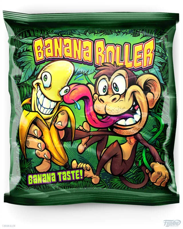 Lolliboni rainforest theme candy packaging featuring a monkey swinging on a vine and holding a banana, drawn by artist Brian Allen