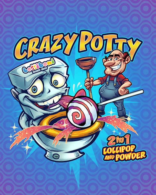Lolliboni candy packaging design featuring a plumber in a red shirt and overalls and a toilet with powder and a lollipop, drawn by artist Brian Allen