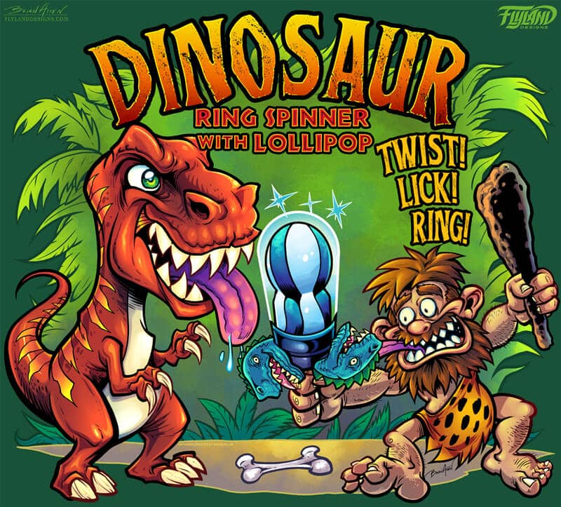 Lolliboni candy packaging design featuring a dinosaur and a caveman holding a lollipop, drawn by artist Brian Allen