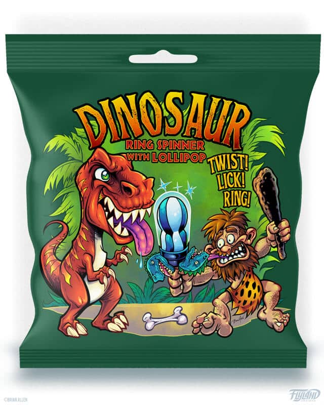 Lolliboni candy packaging design featuring a dinosaur and a caveman holding a lollipop, drawn by artist Brian Allen