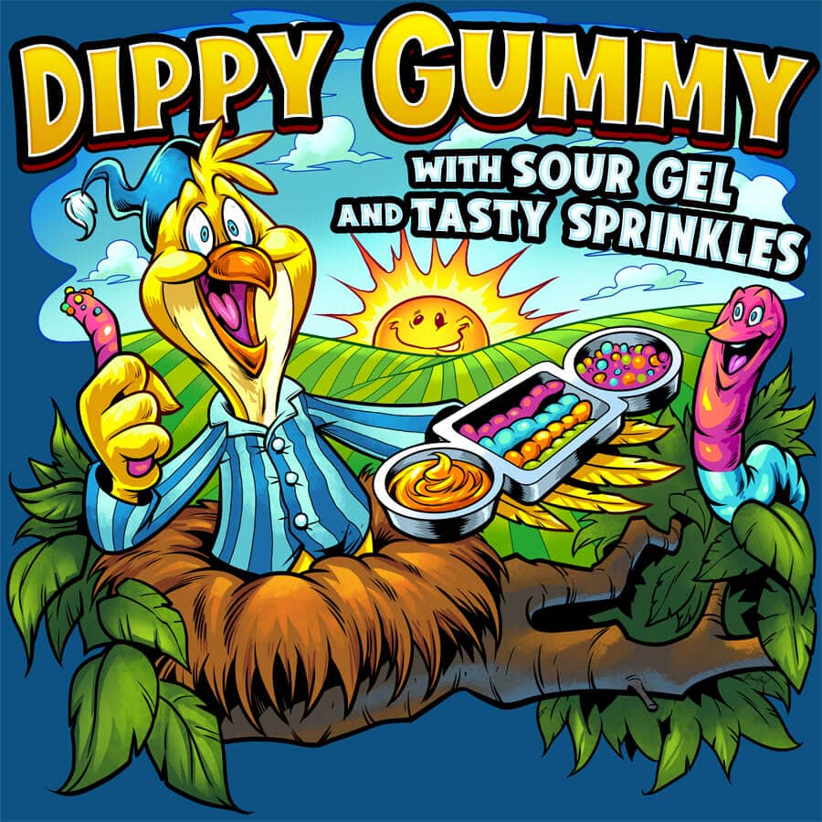 Lolliboni Dippy Gummy packaging design featuring a yellow bird in a nest holding gummy worms with sprinkles and sour gel, drawn by artist Brian Allen