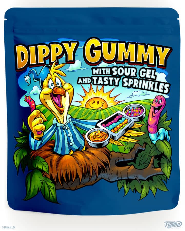 Lolliboni Dippy Gummy packaging design featuring a yellow bird in a nest holding gummy worms with sprinkles and sour gel, drawn by artist Brian Allen