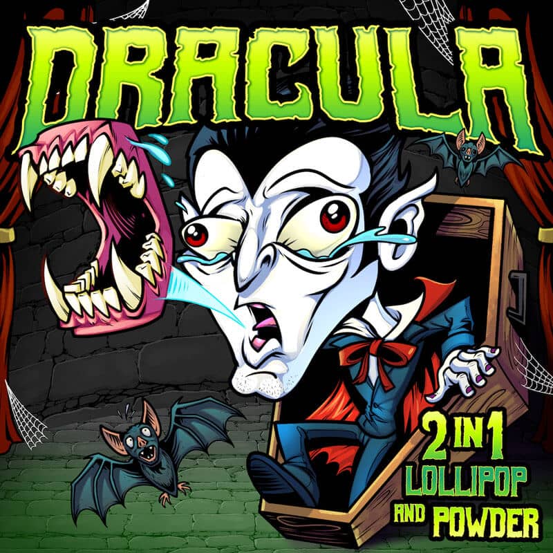 Lolliboni candy packaging design featuring Dracula and bats, drawn by artist Brian Allen