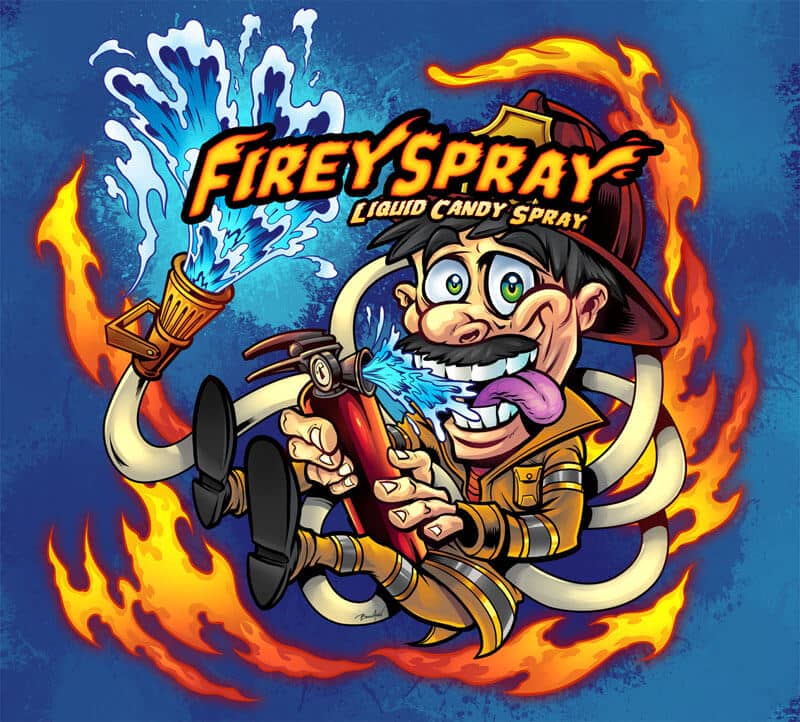 Lolliboni candy packaging design featuring a firefighter holding a fire extinguisher, drawn by artist Brian Allen