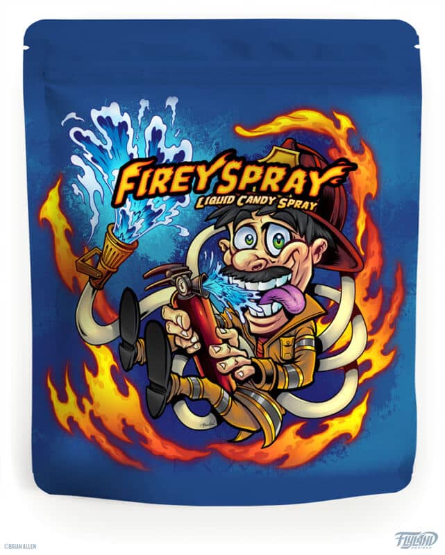 Lolliboni candy packaging design featuring a firefighter holding a fire extinguisher, drawn by artist Brian Allen