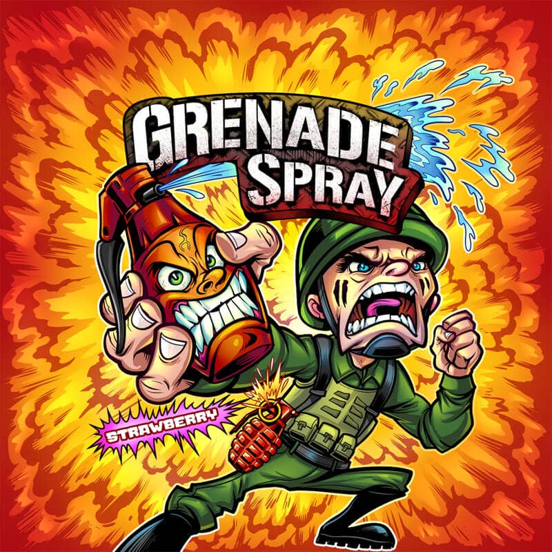 Lolliboni candy packaging design featuring a cartoon soldier throwing an angry grenade, drawn by artist Brian Allen
