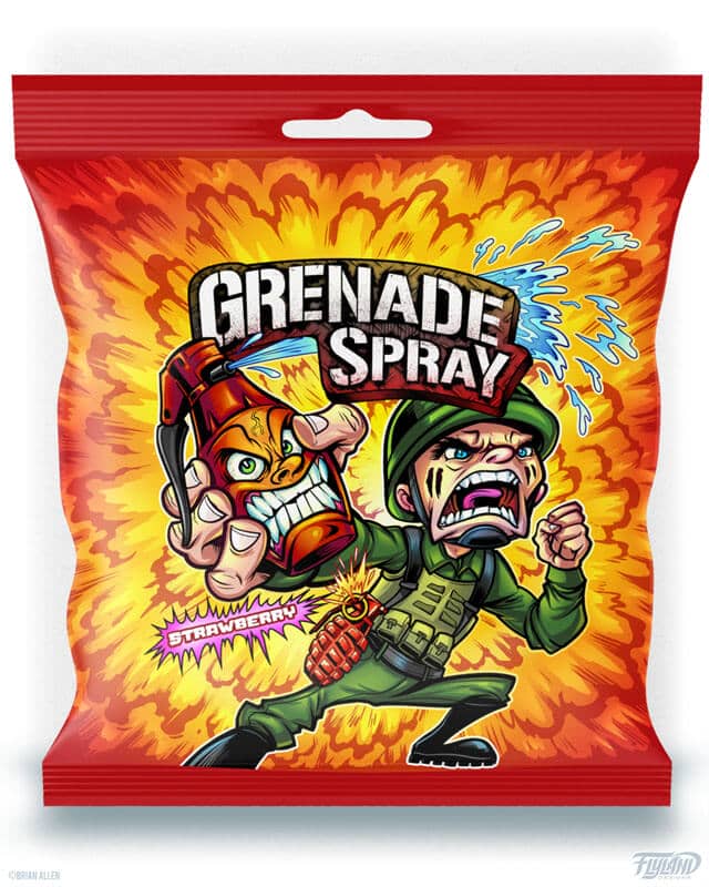 Lolliboni candy packaging design featuring a cartoon soldier throwing an angry grenade, drawn by artist Brian Allen