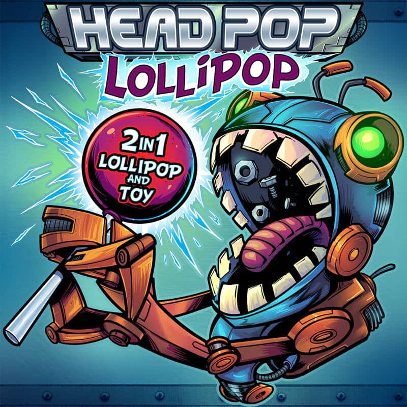 Lolliboni candy packaging design featuring a cartoon robot holding a lollipop, drawn by artist Brian Allen