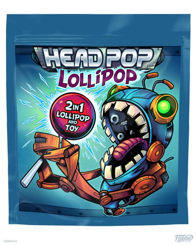 Lolliboni candy packaging design featuring a cartoon robot holding a lollipop, drawn by artist Brian Allen