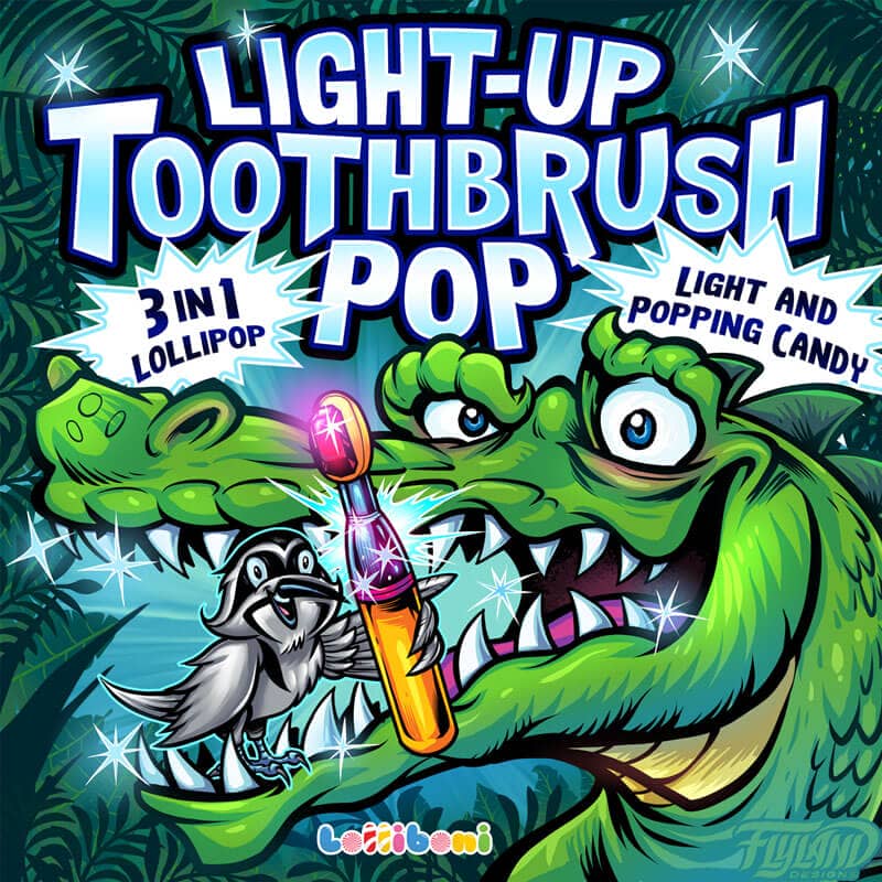 Lolliboni candy packaging design featuring a crocodile with a bird in its mouth holding a toothbrush pop, drawn by artist Brian Allen