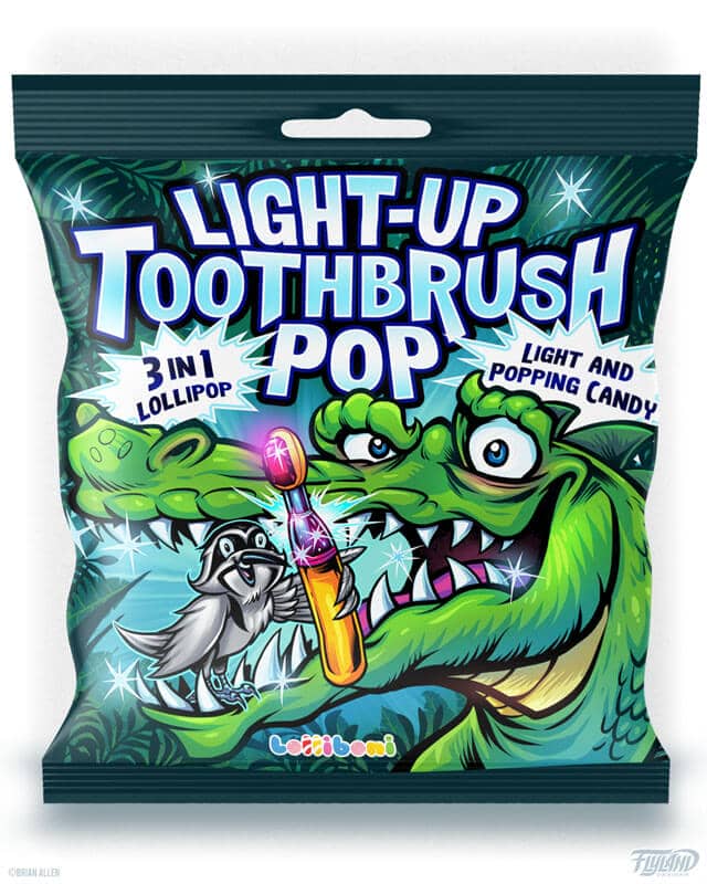 Lolliboni candy packaging design featuring a crocodile with a bird in its mouth holding a toothbrush pop, drawn by artist Brian Allen
