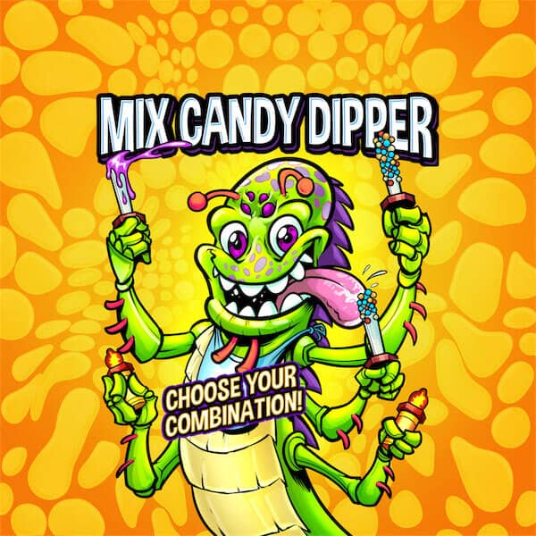 Lolliboni candy packaging design featuring a green and purple alien with 5 arms holding candy, drawn by artist Brian Allen
