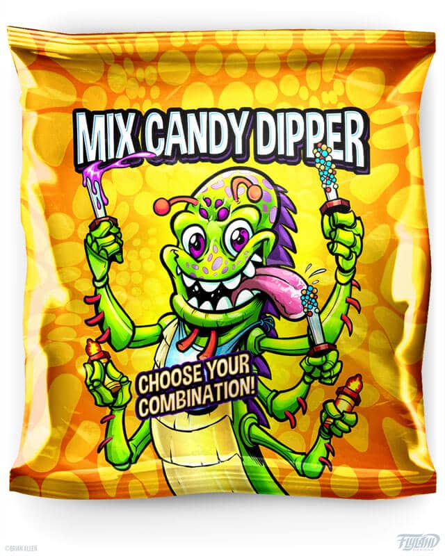 Lolliboni candy packaging design featuring a green and purple alien with 5 arms holding candy, drawn by artist Brian Allen