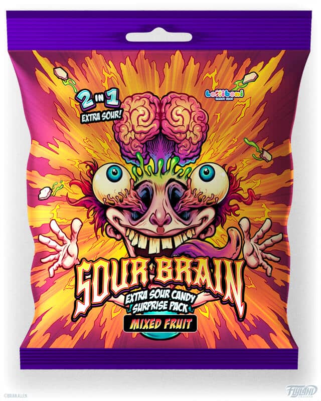 Lolliboni halloween themed candy packaging featuring a character with a brain and eyes exploding from their head, drawn by artist Brian Allen