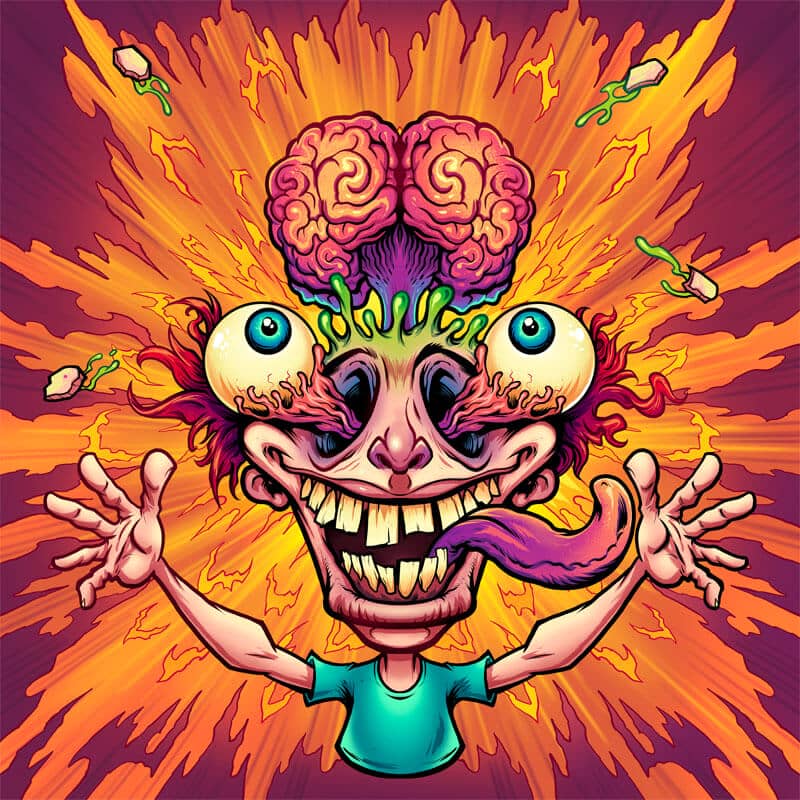 Lolliboni halloween themed candy packaging featuring a character with a brain and eyes exploding from their head, drawn by artist Brian Allen