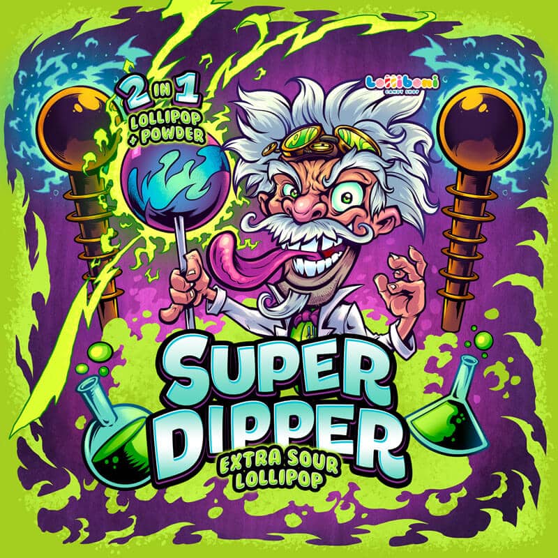 Lolliboni candy packaging design featuring a mad scientist holding an extra sour lollipop, drawn by artist Brian Allen