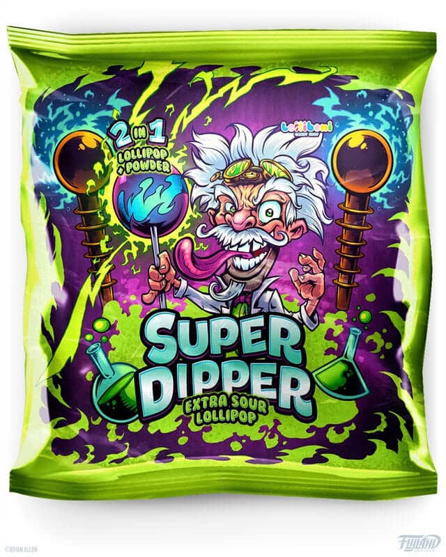Lolliboni candy packaging design featuring a mad scientist holding an extra sour lollipop, drawn by artist Brian Allen