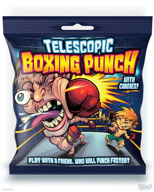 Lolliboni candy packaging design featuring two men engaged in a boxing match. drawn by artist Brian Allen.