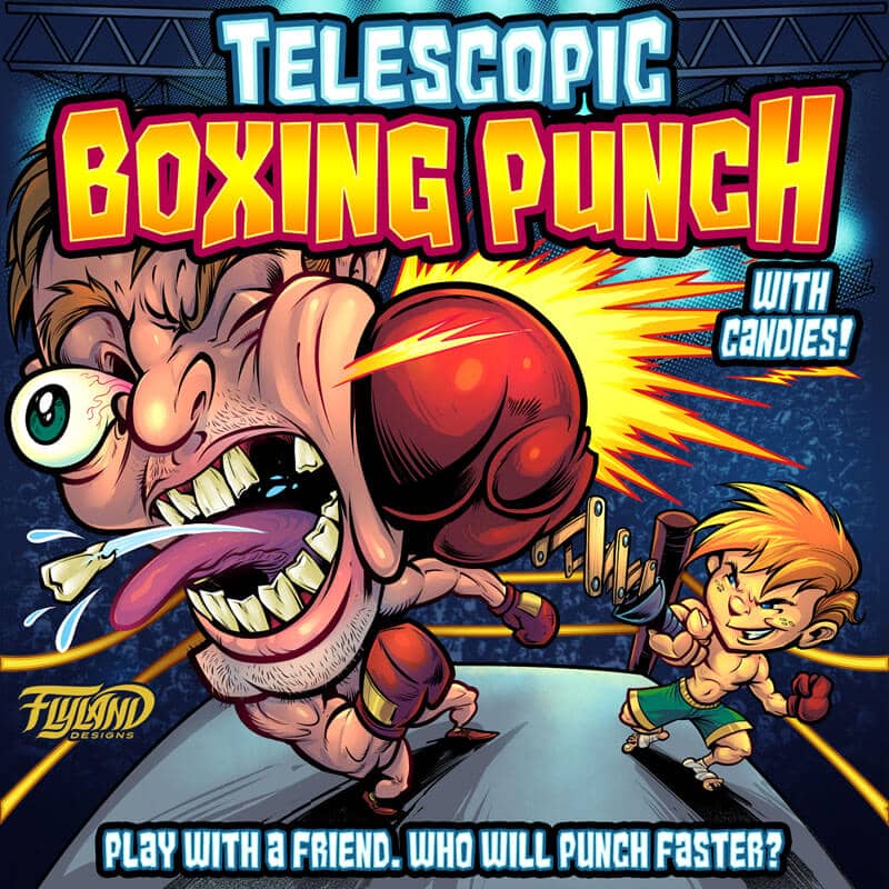 Lolliboni candy packaging design featuring two men engaged in a boxing match. drawn by artist Brian Allen.