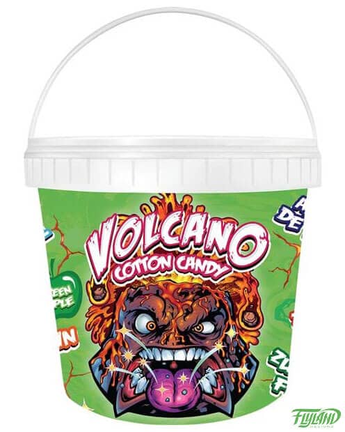 Lolliboni candy packaging design featuring an angry exploding volcano with popping candy coming out of its mouth, drawn by artist Brian Allen