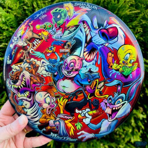 Twisted parody of Looney Tunes characters drawn by Brian Allen on a Full-Foil Buzzz disc golf disc