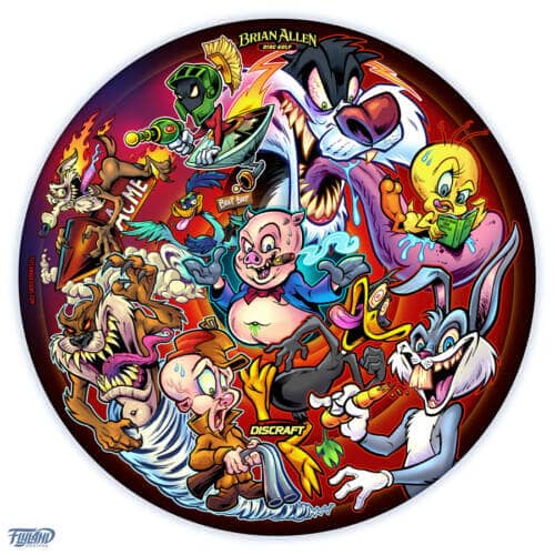 Twisted parody of Looney Tunes characters drawn by Brian Allen on a Full-Foil Buzzz disc golf disc