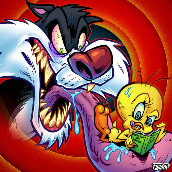 Twisted parody of Looney Tunes characters drawn by Brian Allen on a Full-Foil Buzzz disc golf disc