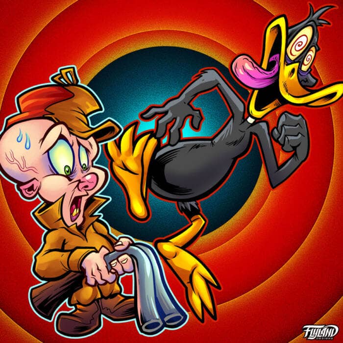 Twisted parody of Looney Tunes characters drawn by Brian Allen on a Full-Foil Buzzz disc golf disc