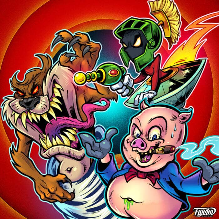 Twisted parody of Looney Tunes characters drawn by Brian Allen on a Full-Foil Buzzz disc golf disc
