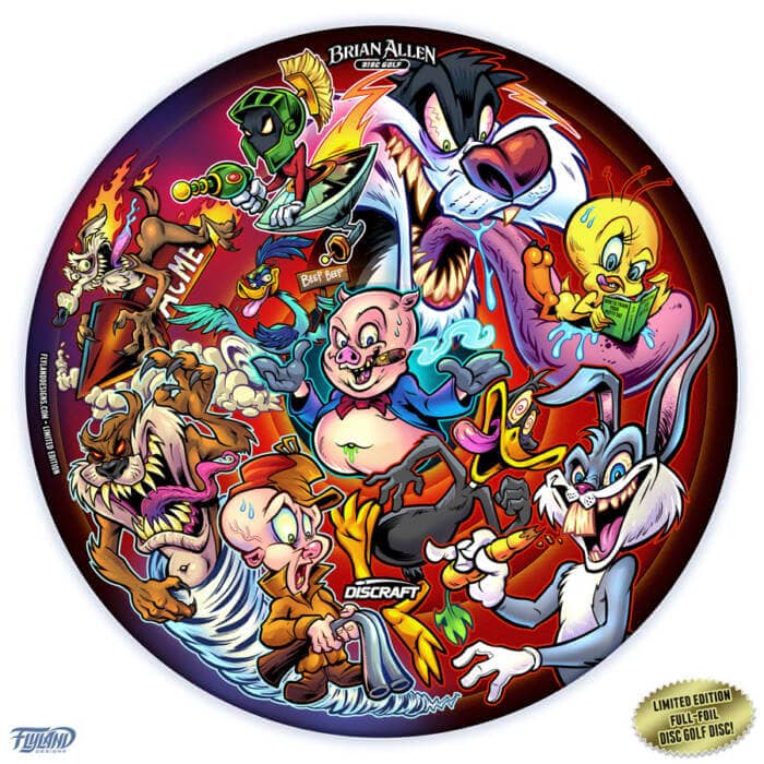 Twisted parody of Looney Tunes characters drawn by Brian Allen on a Full-Foil Buzzz disc golf disc