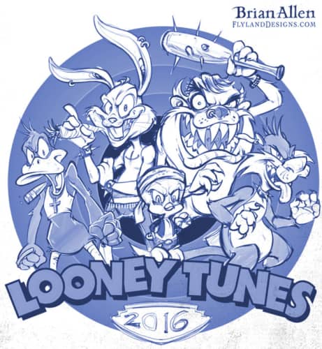 Looney Tunes parody illustration of Bugs, Sylvester, Tweety, Taz, and Daffy as thugs.
