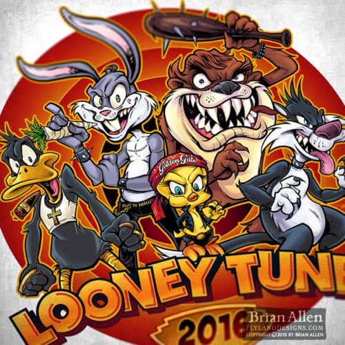 Looney Tunes parody illustration of Bugs, Sylvester, Tweety, Taz, and Daffy as thugs.