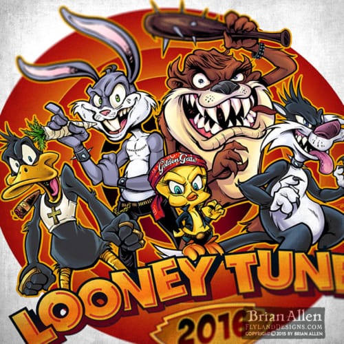 Looney Tunes parody illustration of Bugs, Sylvester, Tweety, Taz, and Daffy as thugs.