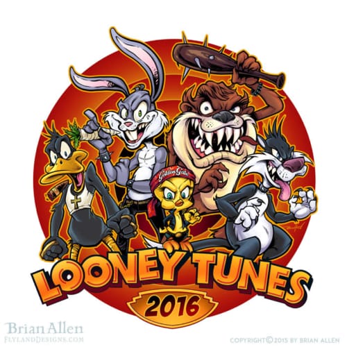 Looney Tunes parody illustration of Bugs, Sylvester, Tweety, Taz, and Daffy as thugs.