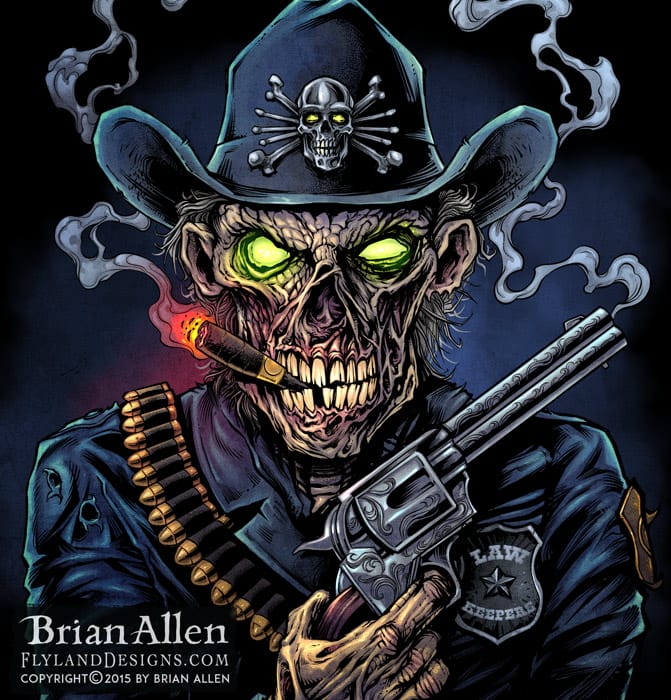 Zombie police officer illustration holding a gun and smoking cigar