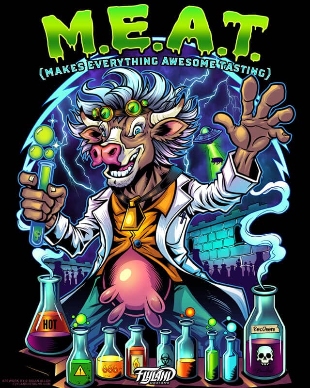 T-shirt design of a mad scientist cow with chemicals, drawn by artist Brian Allen