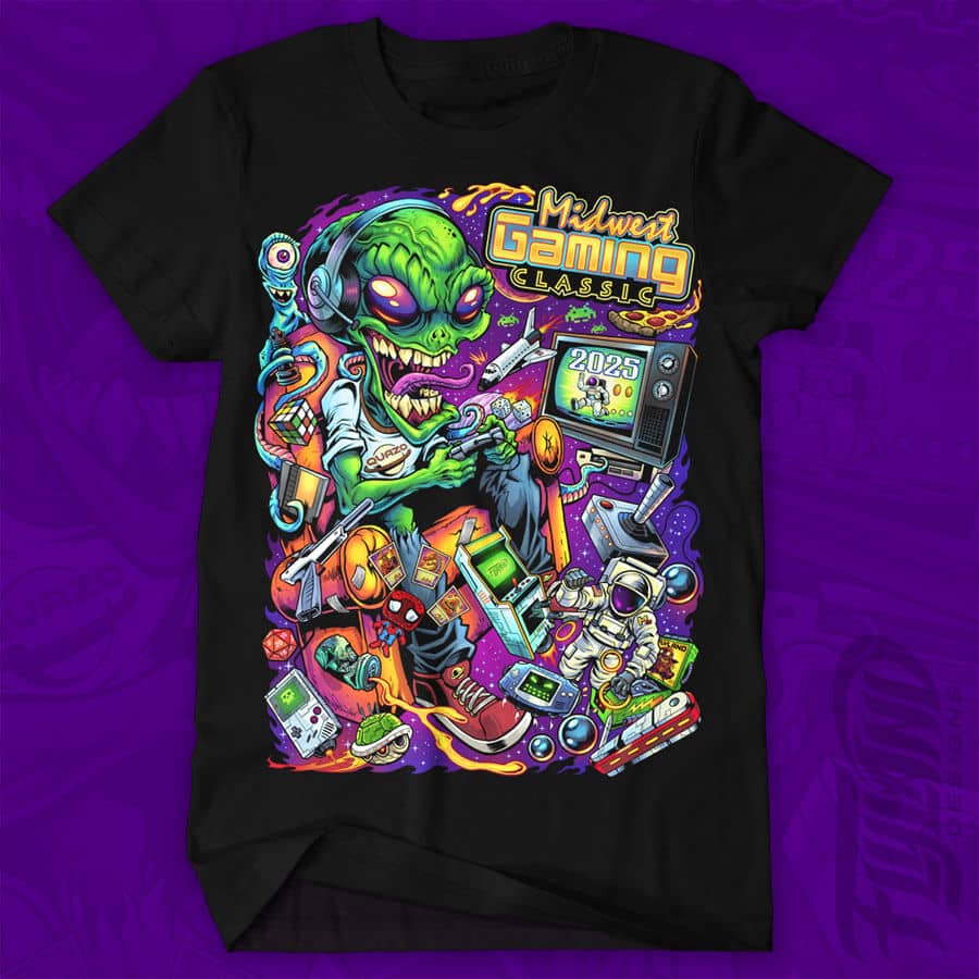 Illustration of an Alien gamer sitting on a couch in space playing retro video games with clutter around for Midwest Gaming Classic convention