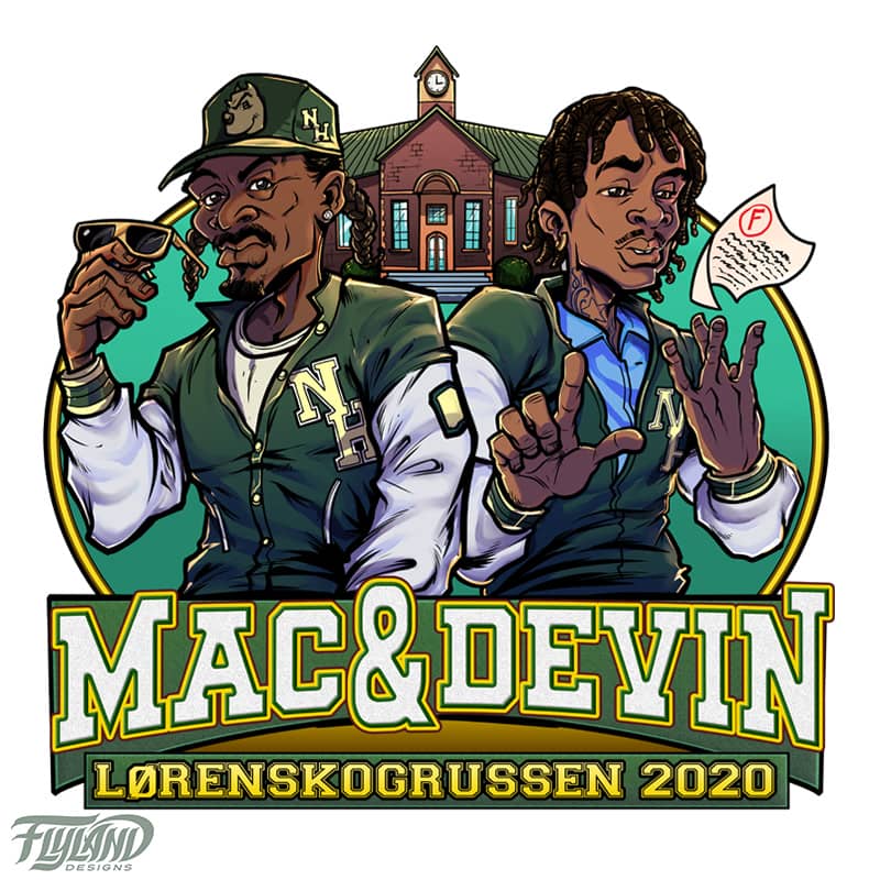 Snoop Dogg and Wiz Kalifah outside of a school, both wearing green letterman jackets. Snoop Dogg is holding a pair of gold sunglasses and Wiz is throwing an exam marked with an F in the air. The text below reads "Mac&Devin Lorenskogrussen 2020"