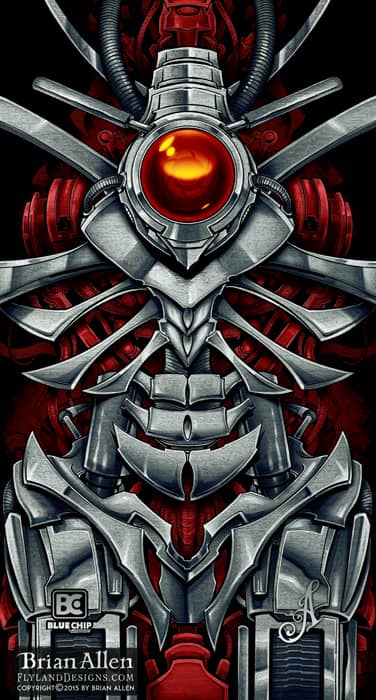 Mechanized metal skeleton illustration for dye-sublimated wrestling singlets.