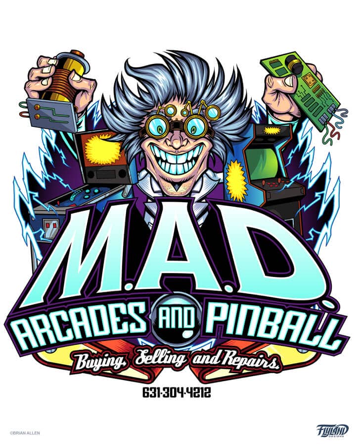 A logo illustration of a mad scientist with an arcade machine and pinball machine, drawn by artist Brian Allen