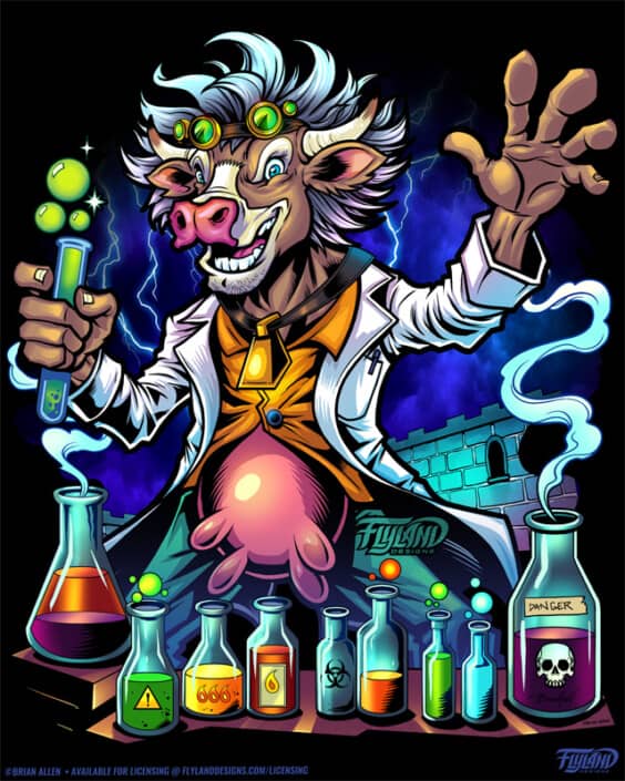 A mad scientist cow conducts experiments. He is surrounded by test tubes and beakers full of colorful liquid. Illsutration by Brian Allen.