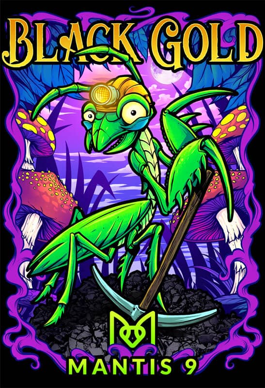 Cannabis packaging design featuring a green mantis surrounded by mushrooms, drawn by artist Brian Allen
