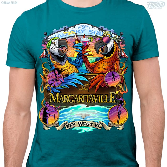 A logo for Margaritaville of two parrots enjoying some alcoholic beverages with people in the entertainment business performing circus acts.