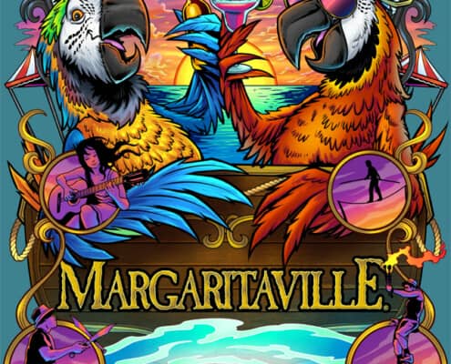 A T-Shirt design I designed for Margaritaville featuring two parrots enjoying cocktails on a boat near Mallory Square.