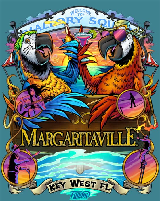 A T-Shirt design I designed for Margaritaville featuring two parrots enjoying cocktails on a boat near Mallory Square.