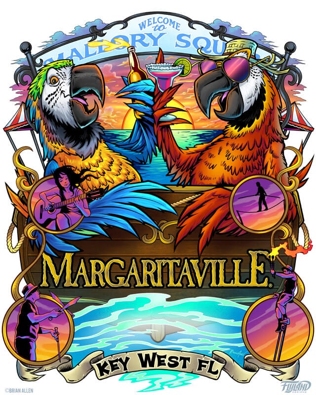 A logo for Margaritaville of two parrots enjoying some alcoholic beverages with people in the entertainment business performing circus acts.